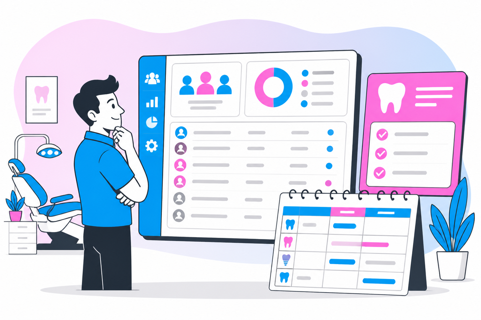 Illustration of how private practices compete with dsos — business owner reviewing a membership plan dashboard, header image for "How Private Practices Compete with DSOs: 5 Insider Secrets"
