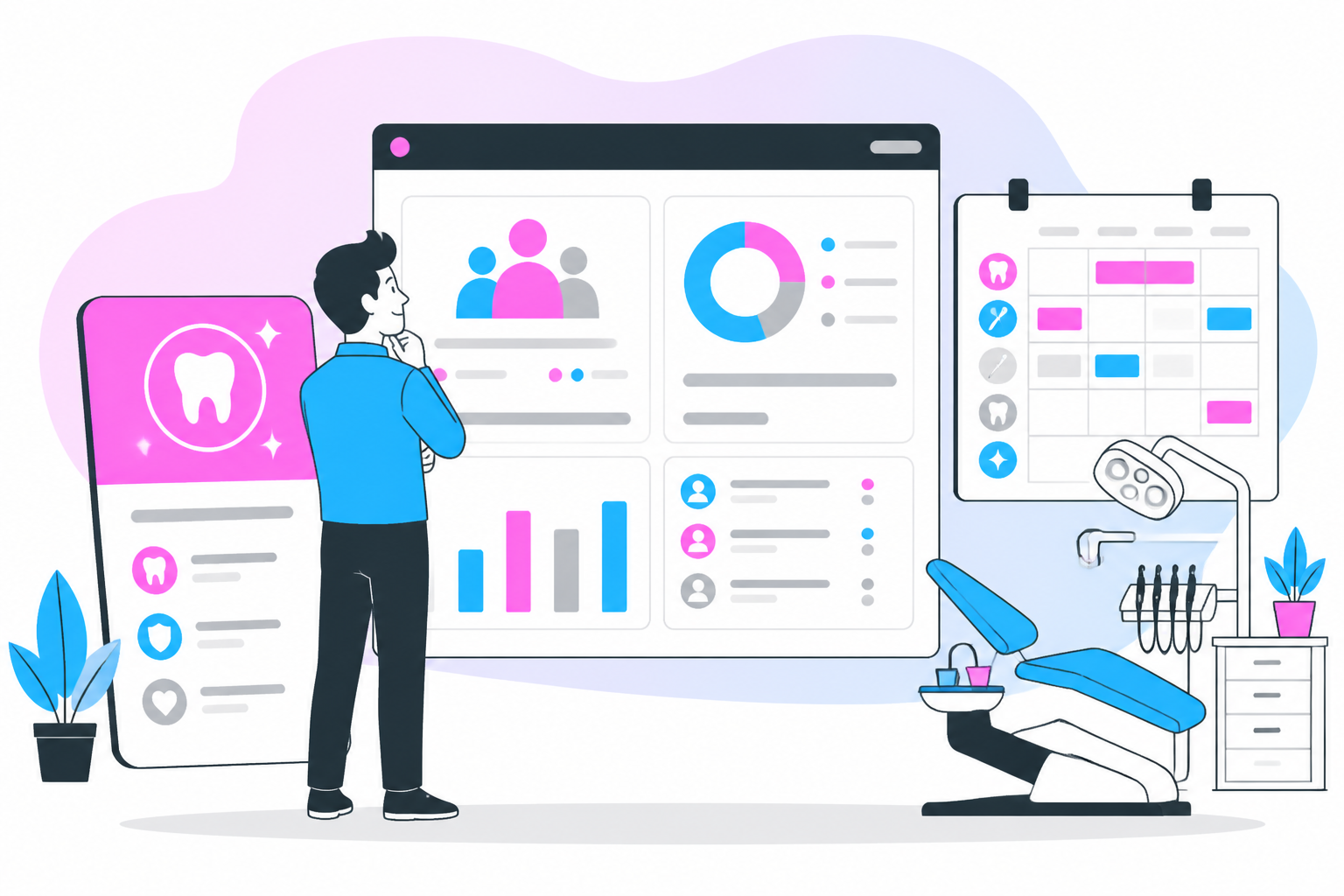 Illustration of how to get more patients without ads — business owner reviewing a membership plan dashboard, header image for "How to Get More Patients Without Ads: 5 Secrets"