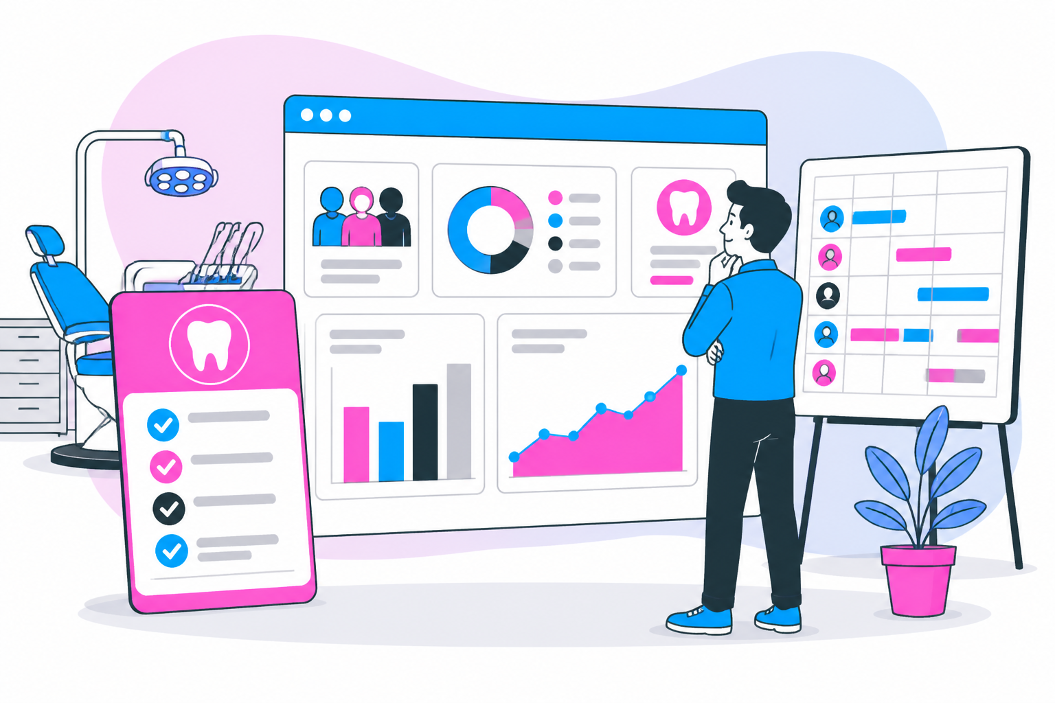 Illustration of how to grow a dental practice without new patients — business owner reviewing a membership plan dashboard, header image for "How to Grow a Dental Practice Without New Patients"