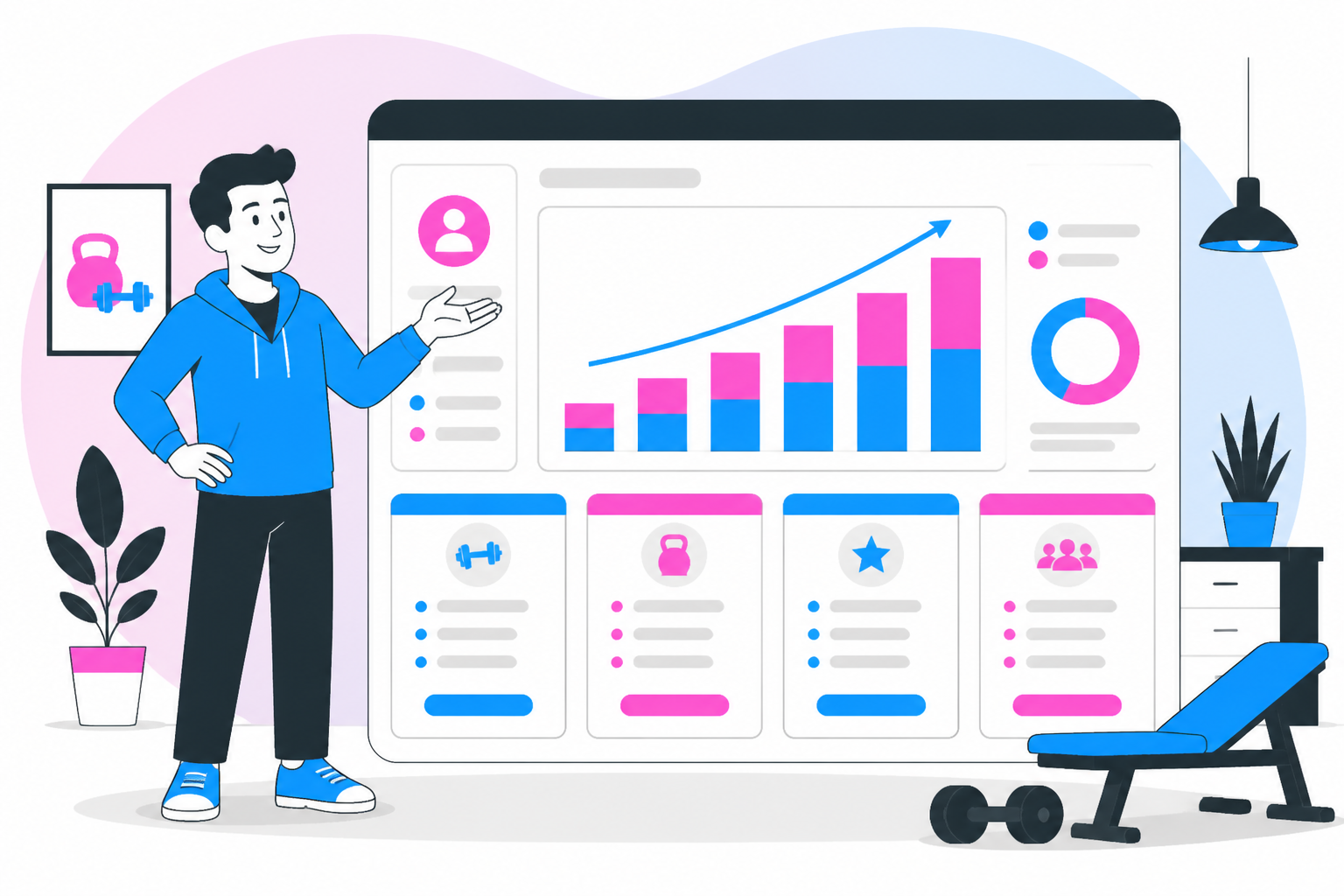 Illustration of how to price gym memberships — studio owner reviewing a membership plan dashboard, header image for "How to Price Gym Memberships in 2026"