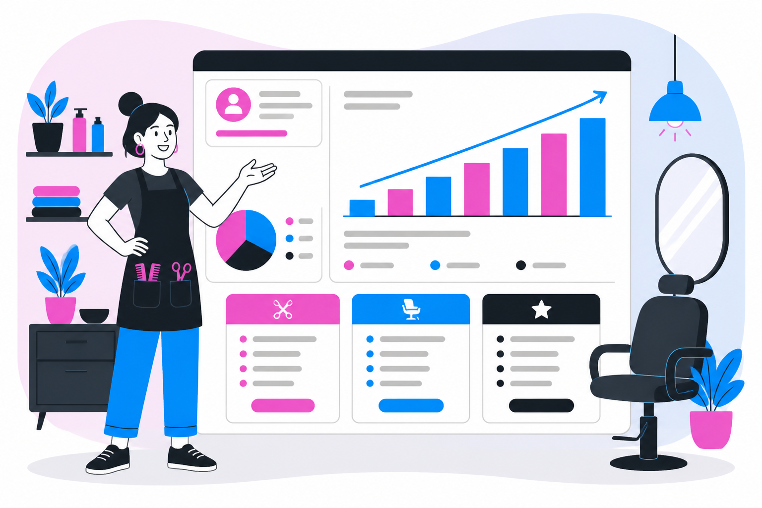 Illustration of how to price salon memberships — salon owner reviewing a membership plan dashboard, header image for "How to Price Salon Memberships (Without Discounting Yourself Broke)"