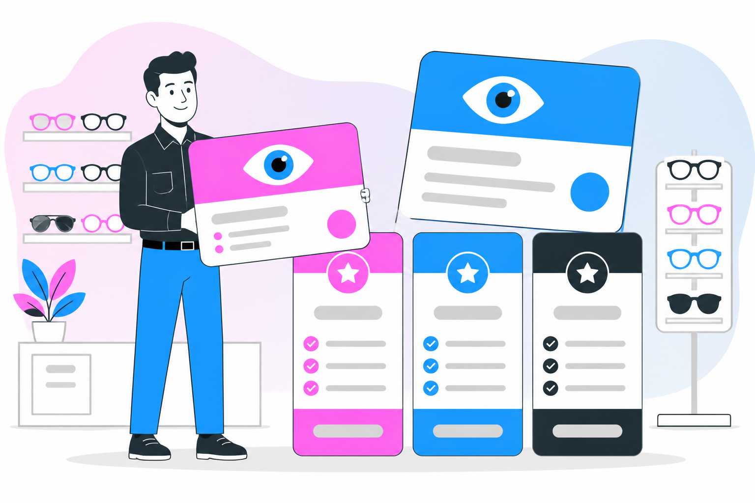 Illustration of how to sell optometry memberships — practice owner reviewing a membership plan dashboard, header image for "Selling Vision Plan Memberships at the Exam Handoff"