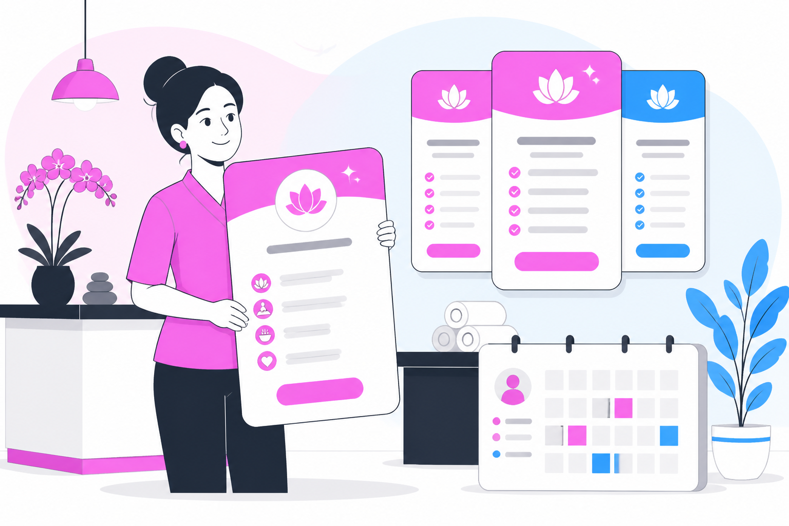 Illustration of how to sell spa memberships — spa owner reviewing a membership plan dashboard, header image for "Front Desk Scripts That Enroll Spa Members"