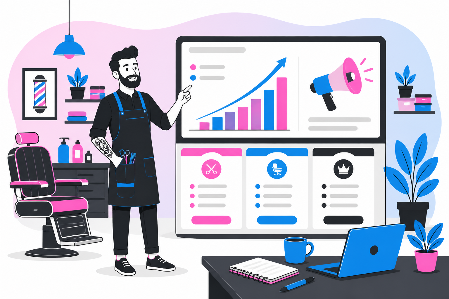 Illustration of how to start a barbershop — barbershop owner reviewing a membership plan dashboard, header image for "How to Start a Barbershop: The Money Side Most Guides Skip"