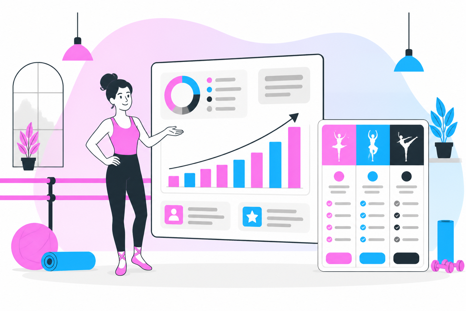 Illustration of how to start a barre studio membership program — studio owner reviewing a membership plan dashboard, header image for "How to Start a Barre Studio Membership Program"