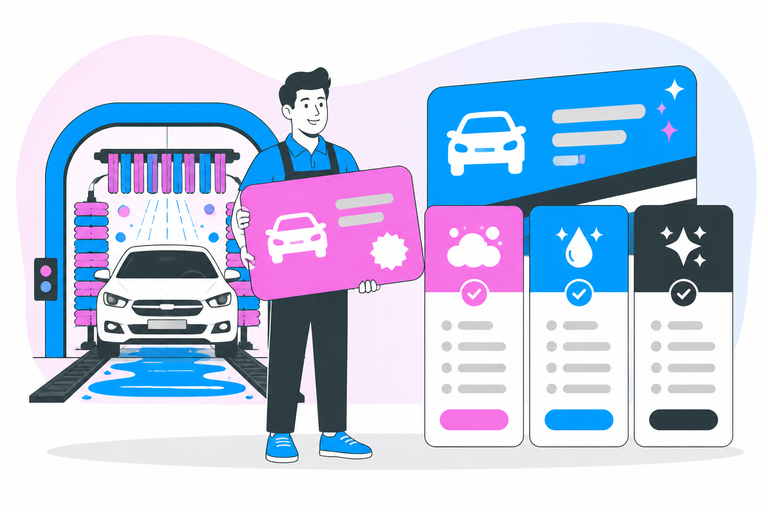 Illustration of how to start a car wash membership program — wash owner reviewing a membership plan dashboard, header image for "How to Start a Car Wash Membership Program: A Step-by-Step Playbook"