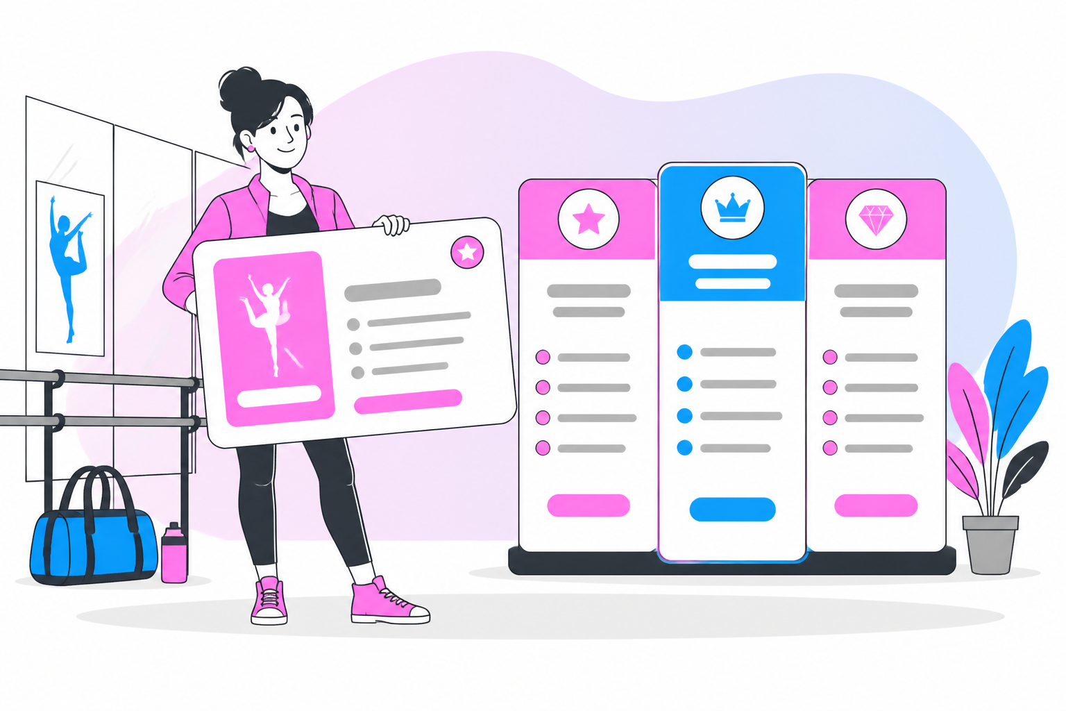 Illustration of how to start a dance studio membership program — business owner reviewing a membership plan dashboard, header image for "How to Start a Dance Studio Membership Program: A Step-by-Step Playbook"