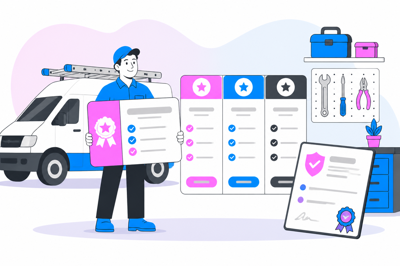 Illustration of how to start a home service membership program — service company owner reviewing a membership plan dashboard, header image for "How to Start a Home Service Membership Program"