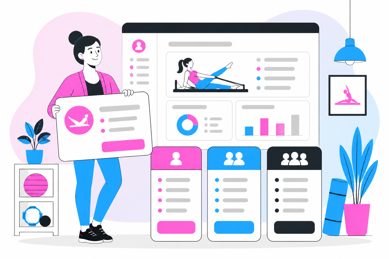 Illustration of how to start a pilates membership program — studio owner reviewing a membership plan dashboard, header image for "How to Start a Pilates Membership Program"