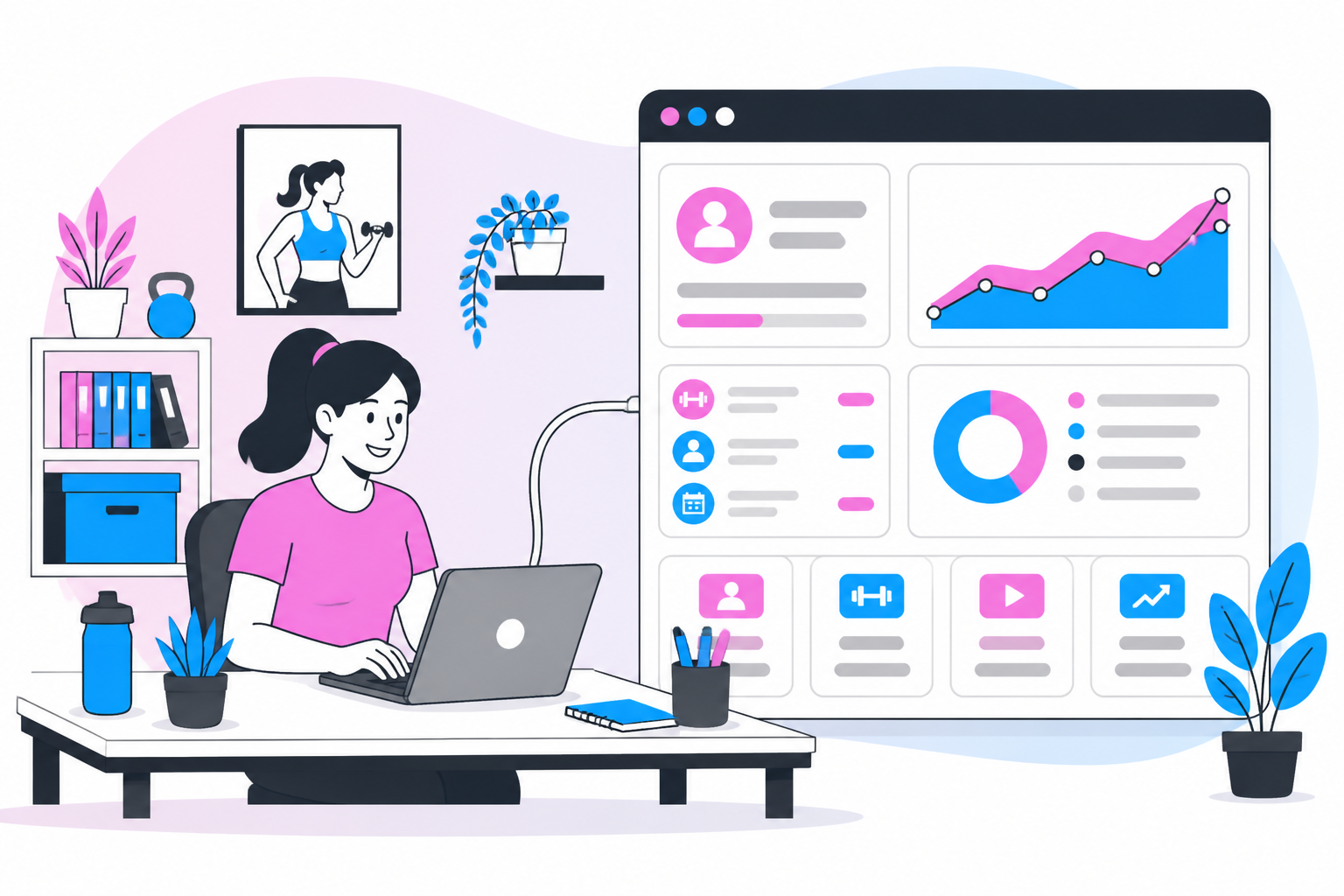 Illustration of how to start an online personal training business — training practice owner reviewing a membership plan dashboard, header image for "How to Start an Online Personal Training Business"