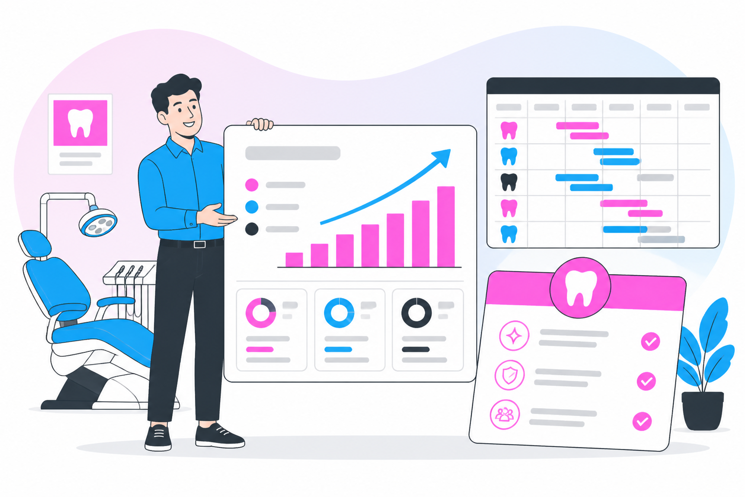 Illustration of improve cash flow — business owner reviewing a membership plan dashboard, header image for "How To Improve Cash Flow"