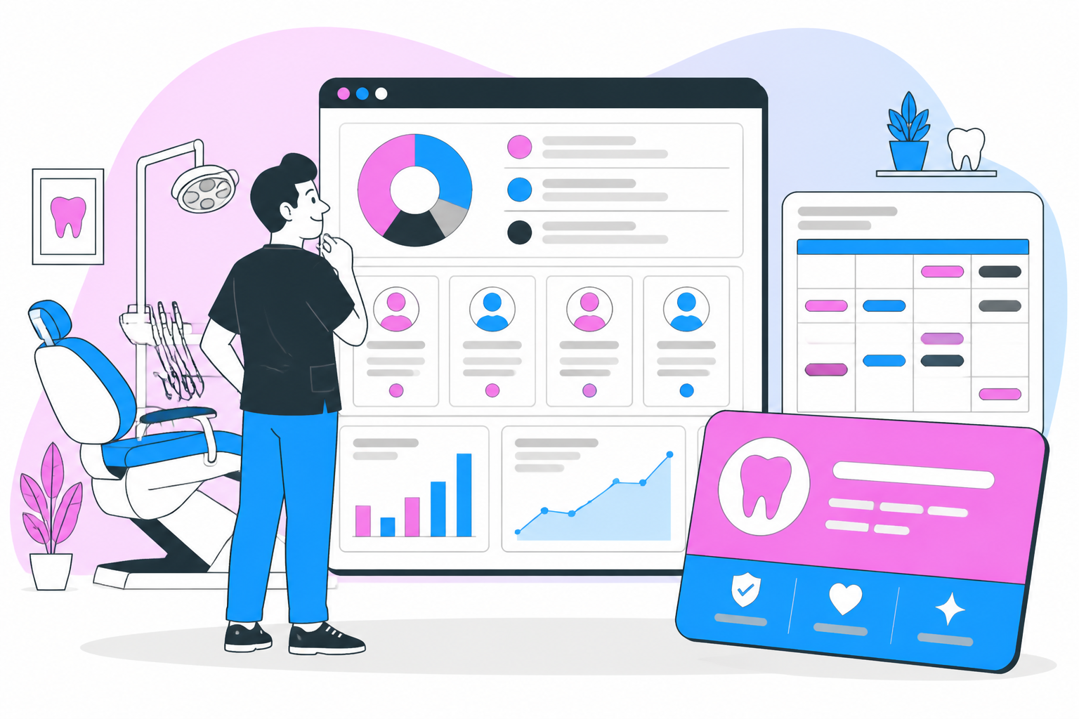 Illustration of increase case acceptance create — practice owner reviewing a membership plan dashboard, header image for "Increase Case Acceptance, Create Passive Income and Decrease Patient Attrition – Mark Costes and Jordon Comstock"