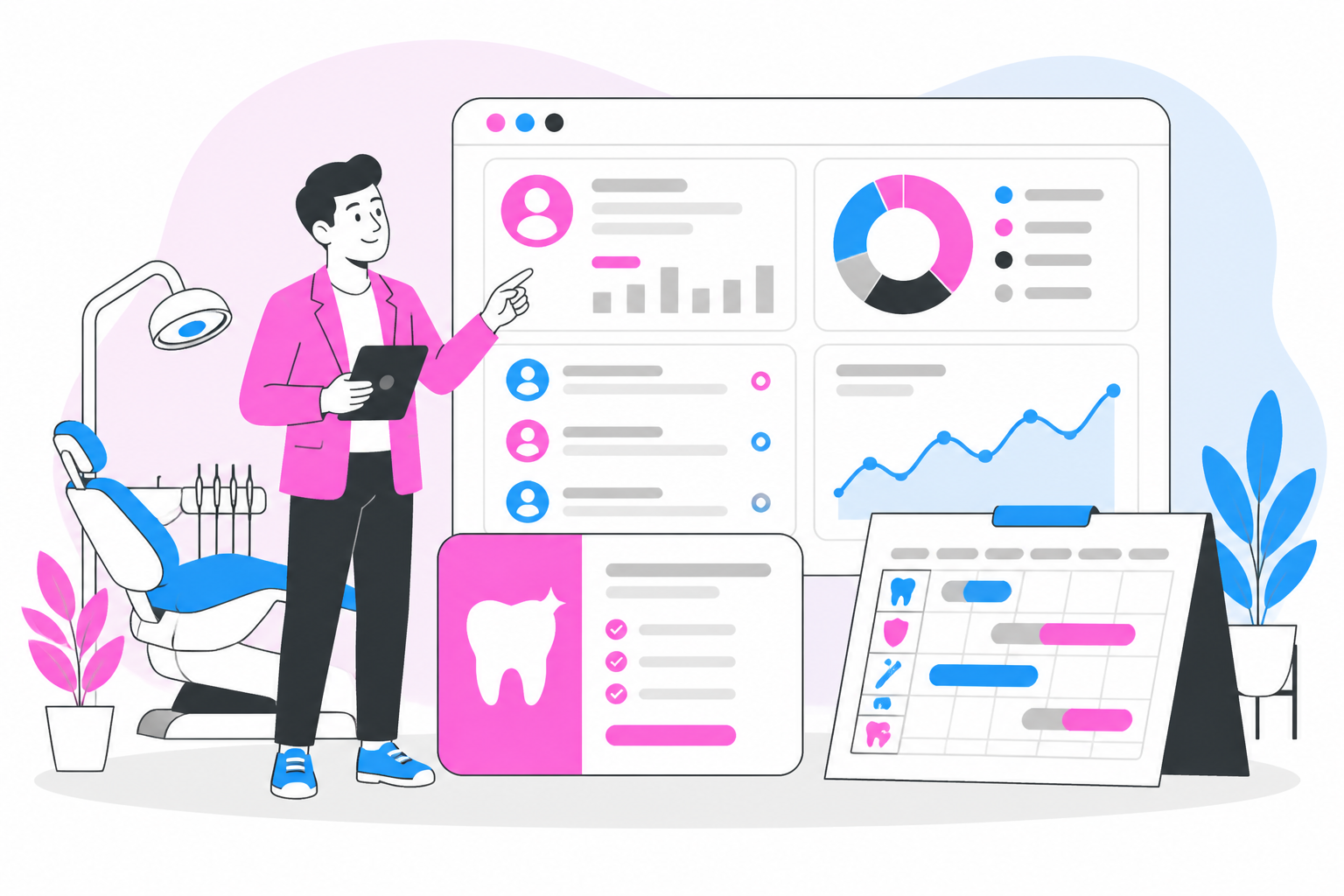 Illustration of instagram dental hashtags turn likes into — business owner reviewing a membership plan dashboard, header image for "Instagram Dental Hashtags: Turn Likes into Loyal Patients"