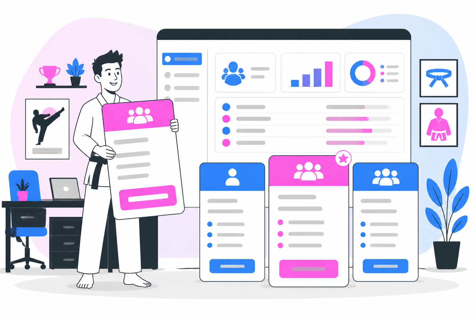 Illustration of karate school software — school owner reviewing a membership plan dashboard, header image for "Karate School Software vs Martial Arts Billing: What Dojos Actually Need"