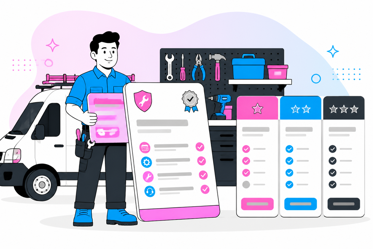 Illustration of maintenance agreement billing — service company owner reviewing a membership plan dashboard, header image for "Maintenance Agreement Billing: Getting Recurring Charges Right"