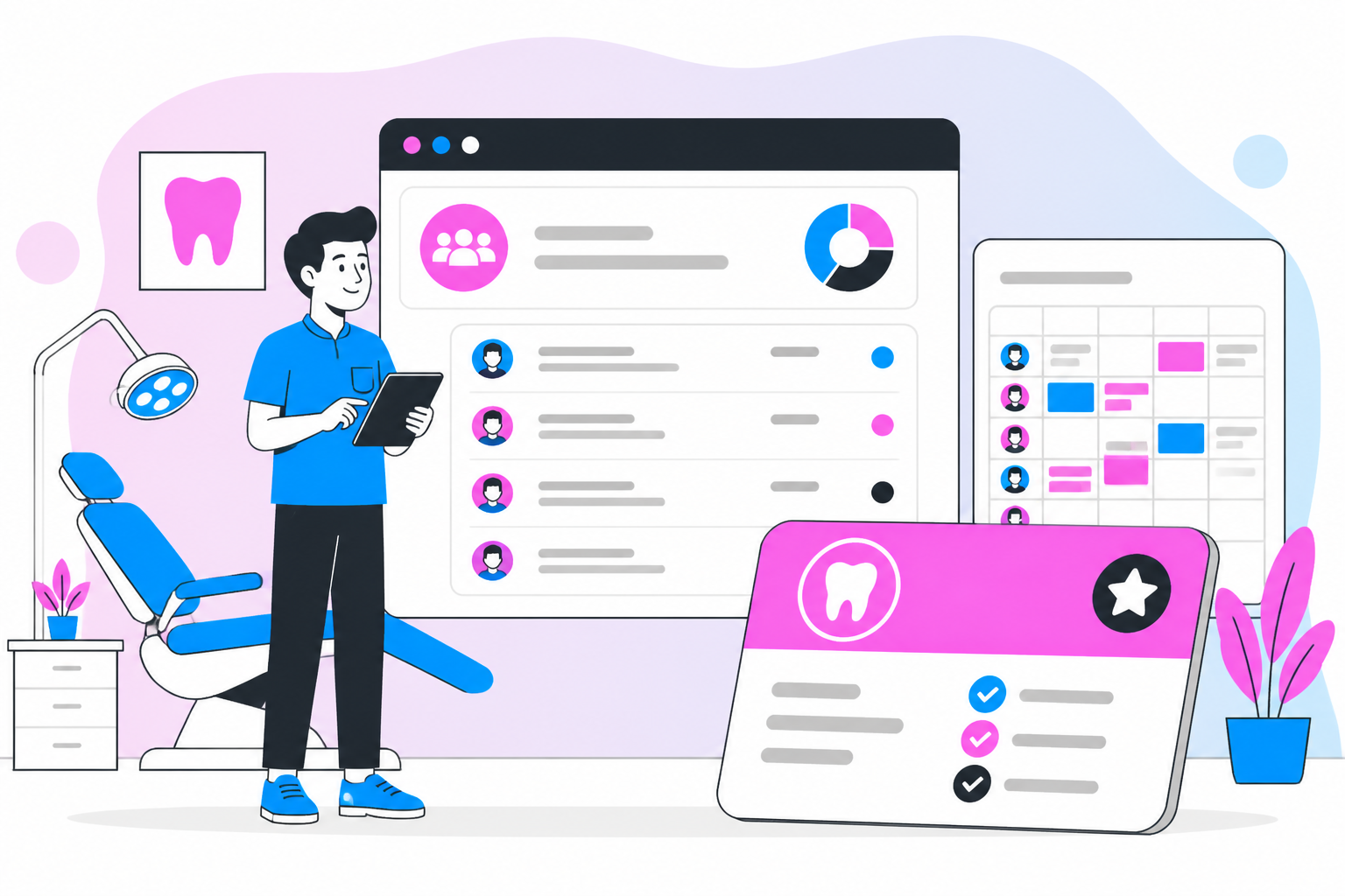 Illustration of marketplace terms of service — business owner reviewing a membership plan dashboard, header image for "Marketplace Terms of Service"
