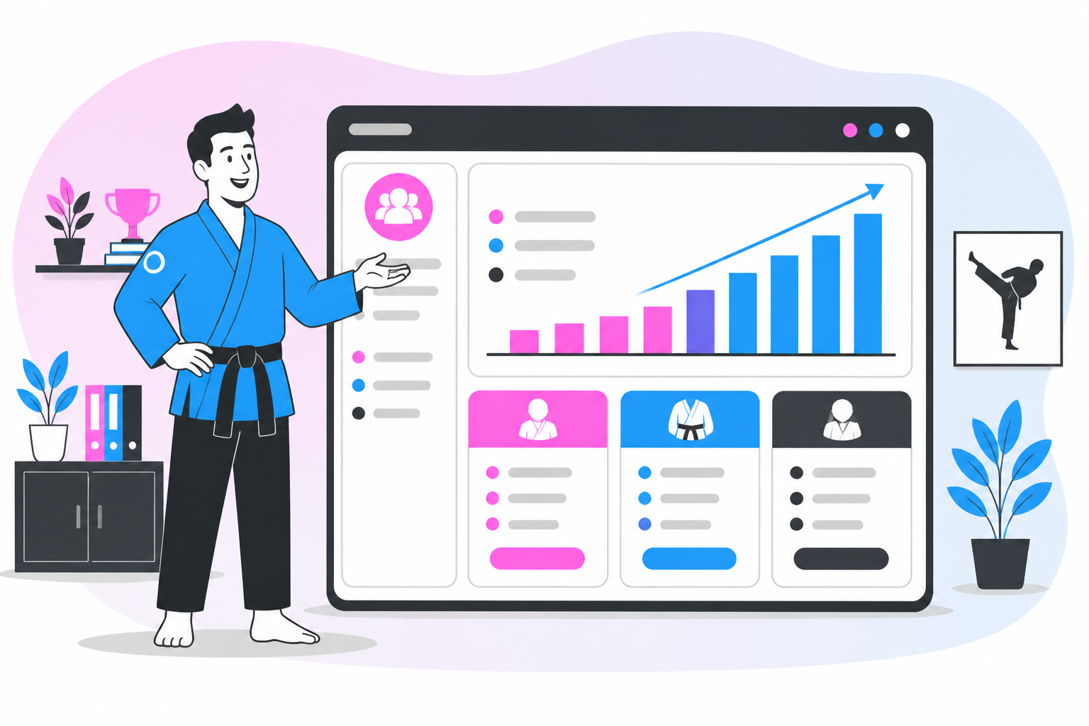 Illustration of martial arts membership pricing — school owner reviewing a membership plan dashboard, header image for "How to Price Martial Arts Memberships (Without Guessing)"