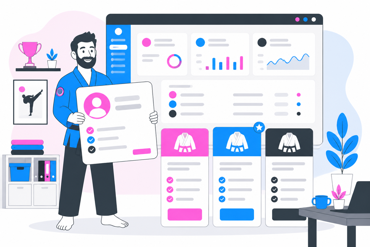 Illustration of martial arts membership software — school owner reviewing a membership plan dashboard, header image for "Martial Arts Membership Software: What to Actually Look For"