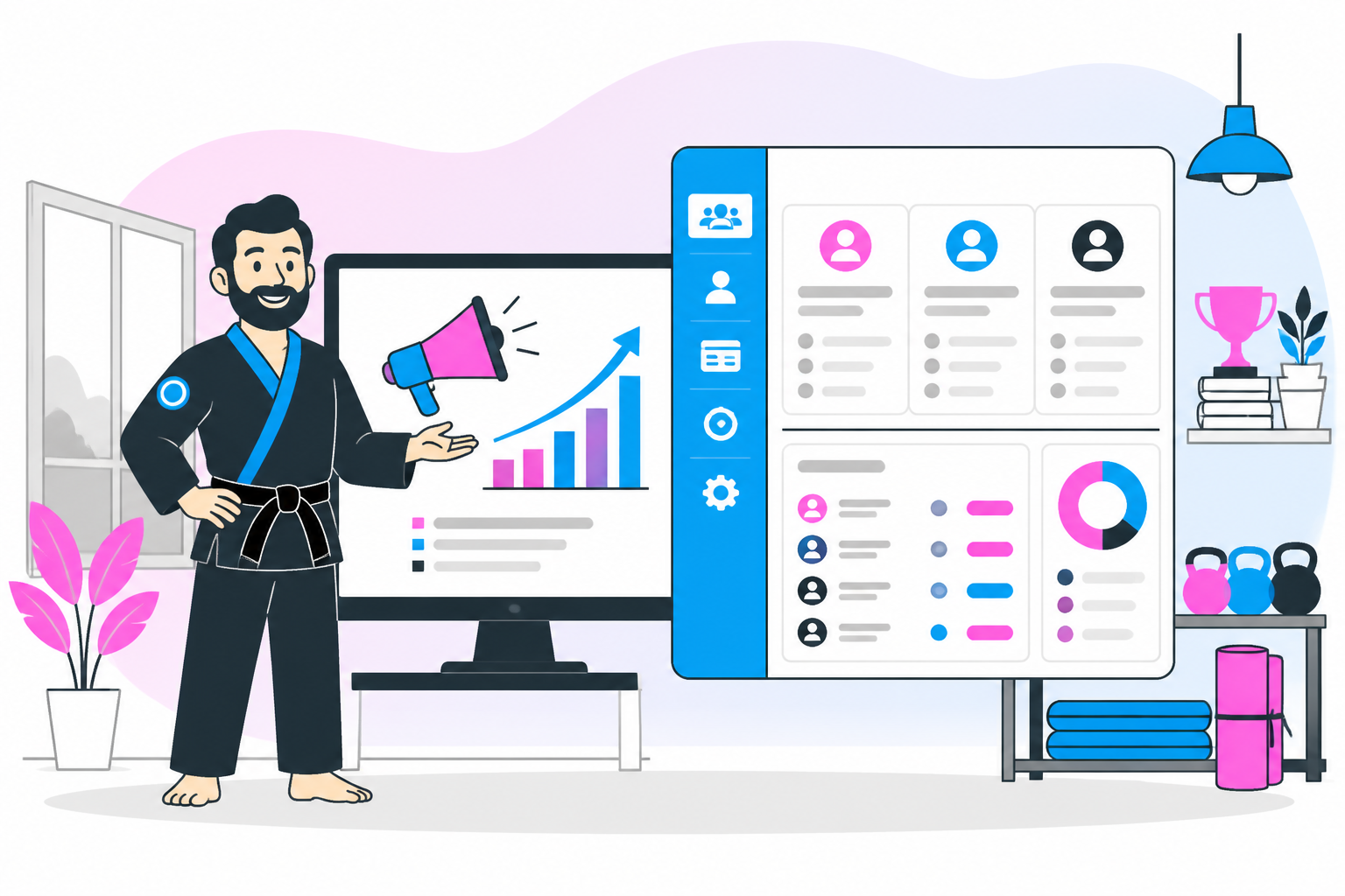 Illustration of martial arts school marketing — school owner reviewing a membership plan dashboard, header image for "Martial Arts School Marketing: Get New Students, Then Actually Keep Their Payments Coming In"