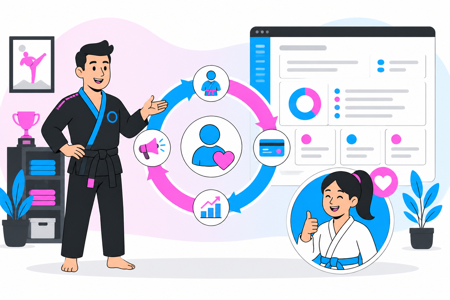 Illustration of martial arts student retention — school owner reviewing a membership plan dashboard, header image for "Martial Arts Student Retention: The Billing Problem Nobody Talks About"