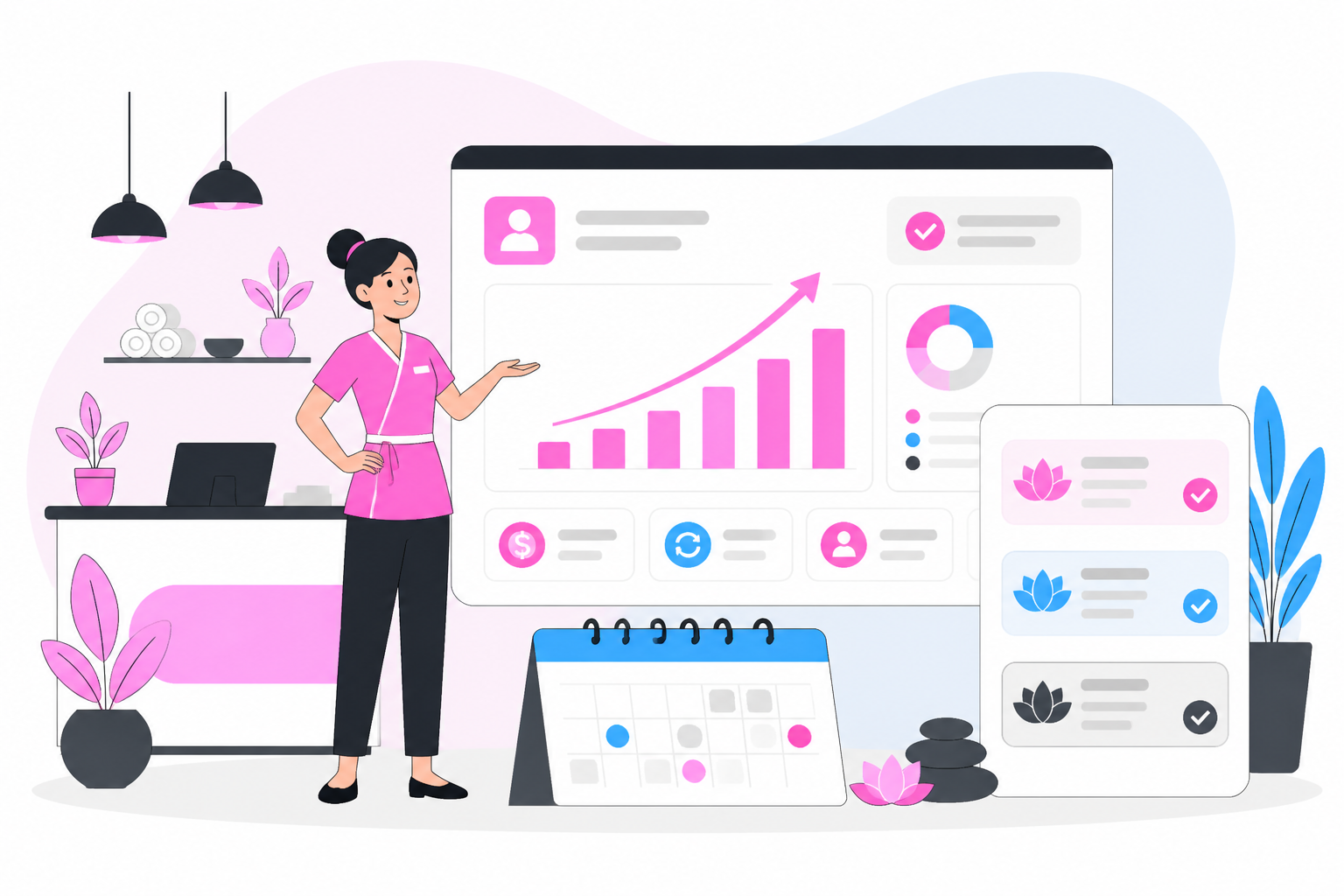 Illustration of massage membership pricing — spa owner reviewing a membership plan dashboard, header image for "How to Price a Massage Membership"