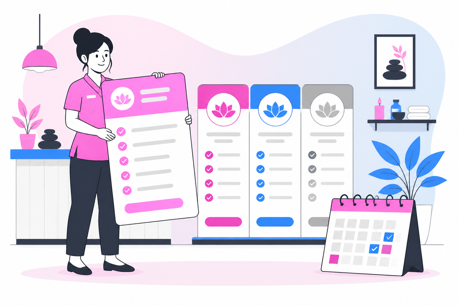 Illustration of massage memberships vs packages — spa owner reviewing a membership plan dashboard, header image for "Massage Memberships vs Prepaid Packages"