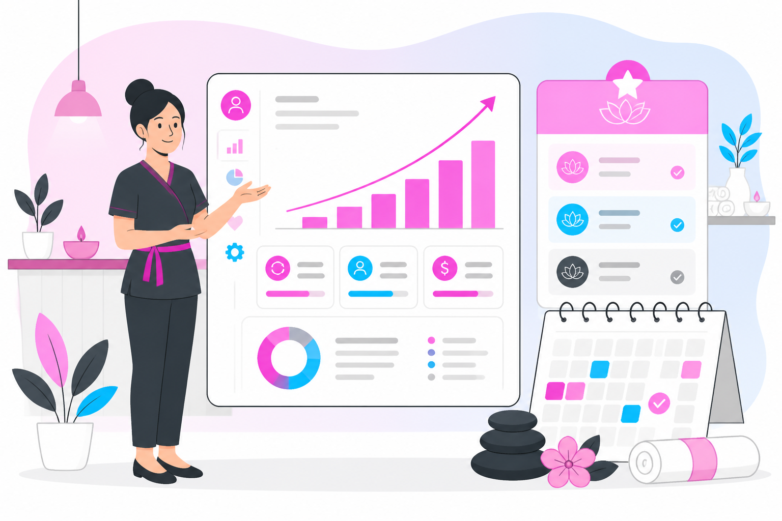 Illustration of massage practice recurring revenue — spa owner reviewing a membership plan dashboard, header image for "Massage Practice Recurring Revenue Playbook"