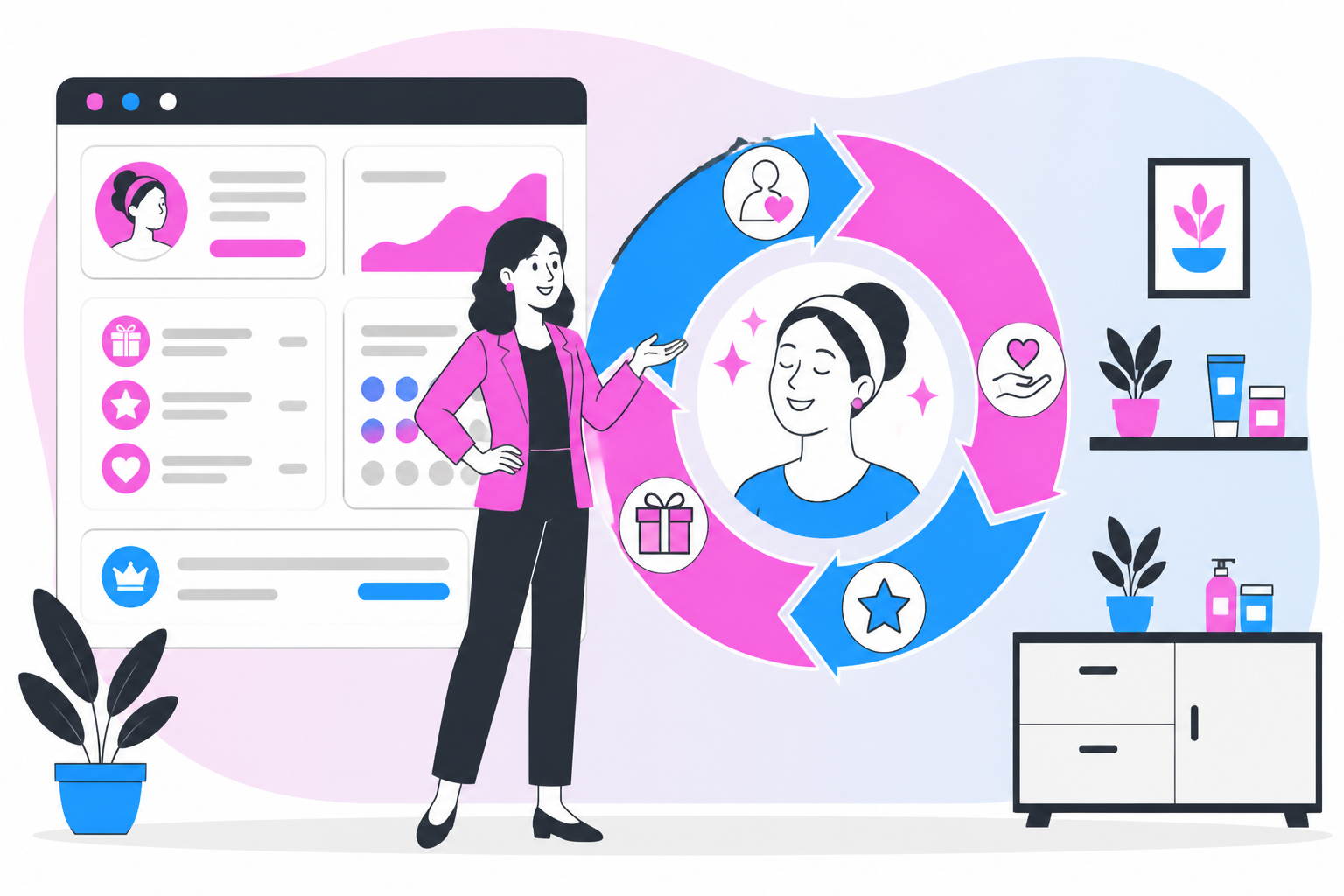 Illustration of med spa client retention — med spa owner reviewing a membership plan dashboard, header image for "Med Spa Client Retention Strategies That Actually Work"