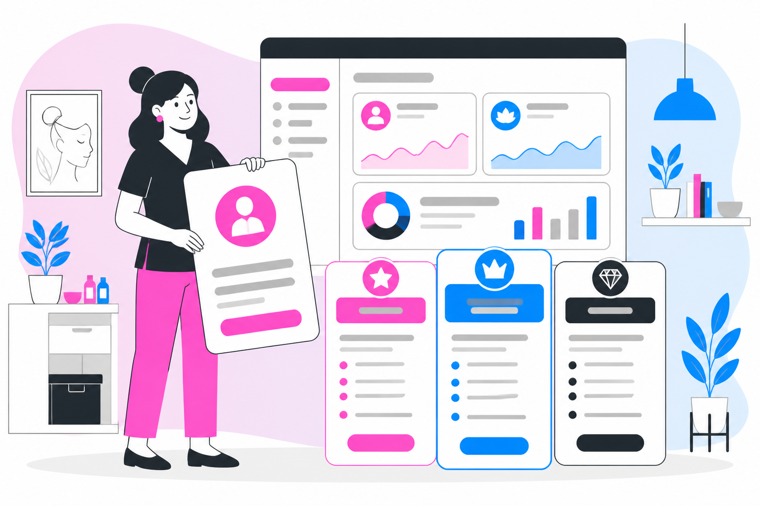 Illustration of med spa membership: how to build a program clients keep paying for — med spa owner reviewing a membership plan dashboard, header image for "Med Spa Membership: How to Build a Program Clients Keep Paying For"