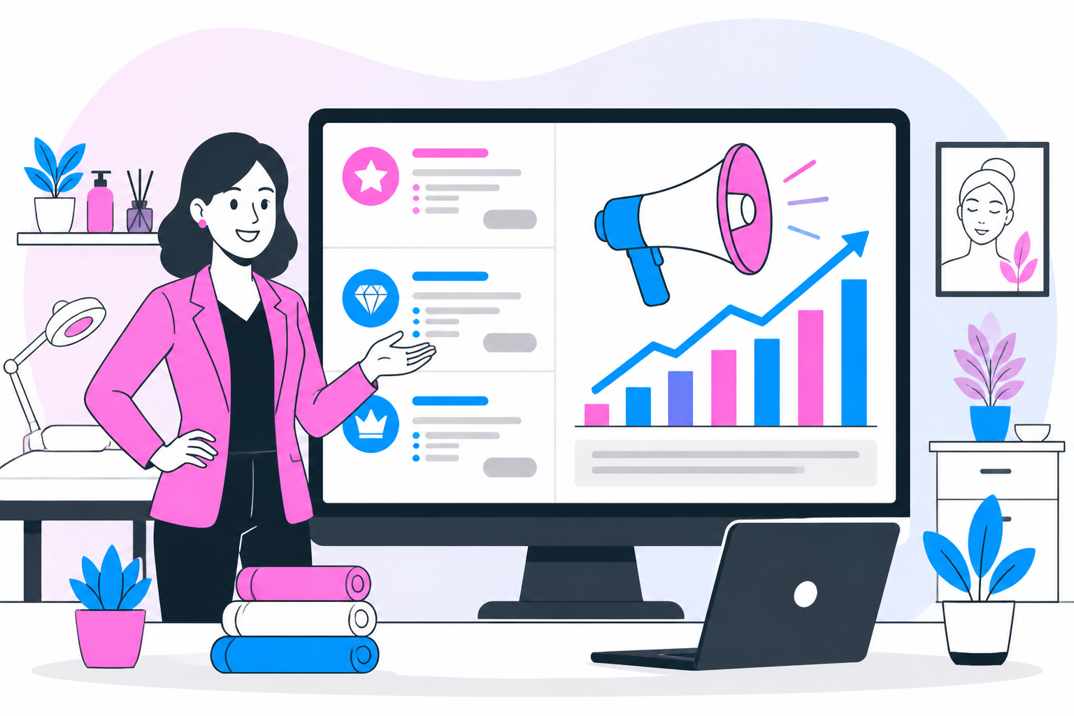 Illustration of med spa membership marketing — med spa owner reviewing a membership plan dashboard, header image for "Med Spa Membership Marketing: How to Promote Your Program"