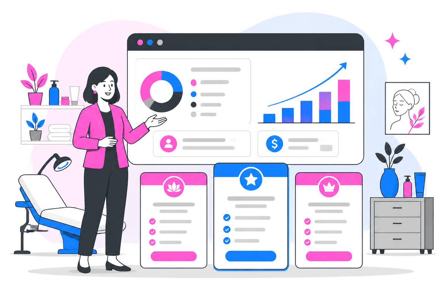 Illustration of med spa membership pricing — med spa owner reviewing a membership plan dashboard, header image for "Med Spa Membership Pricing Models: How to Price Your Plans"