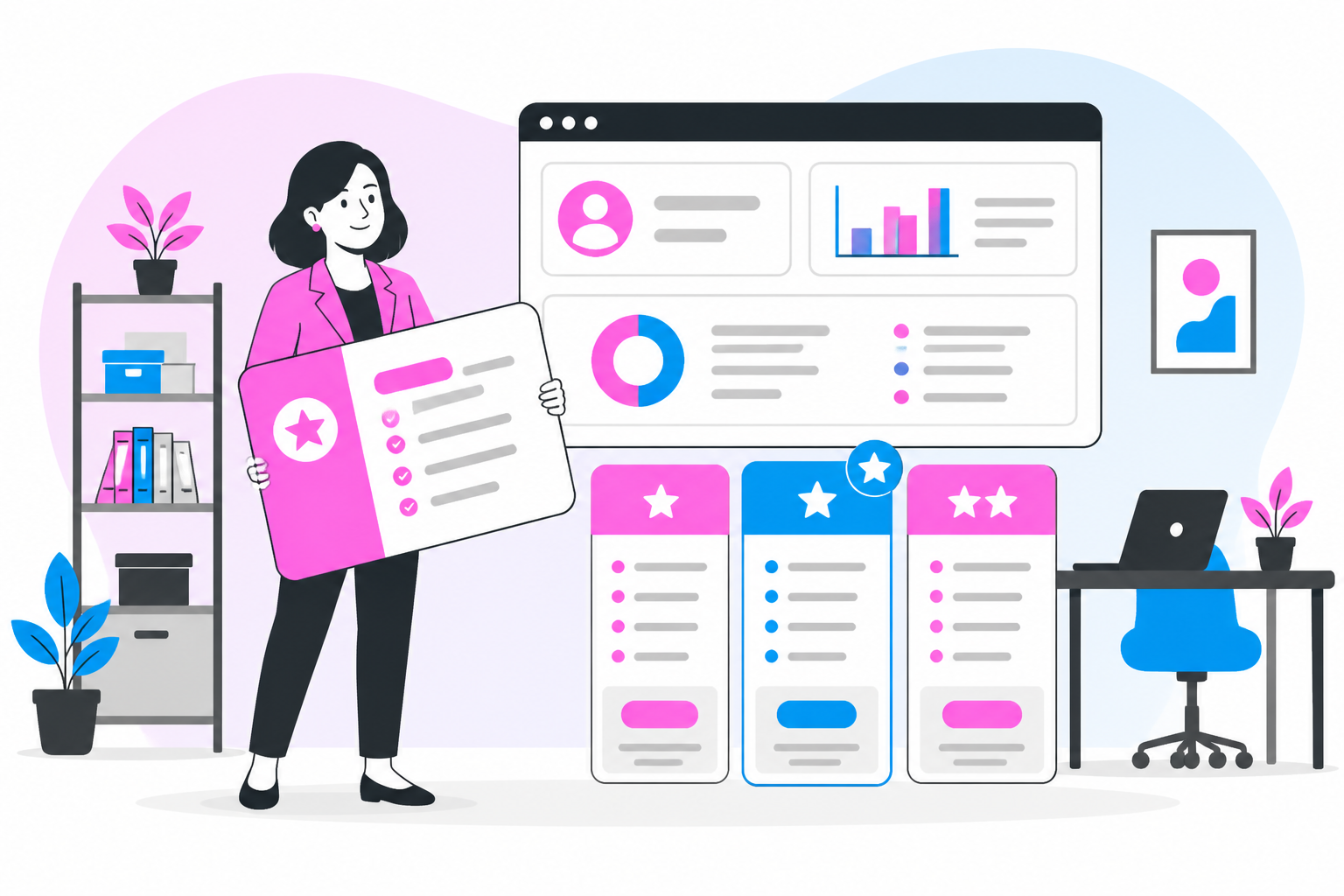 Illustration of med spa software buyer's guide — med spa owner reviewing a membership plan dashboard, header image for "Med Spa Software Buyer's Guide for Membership Programs"