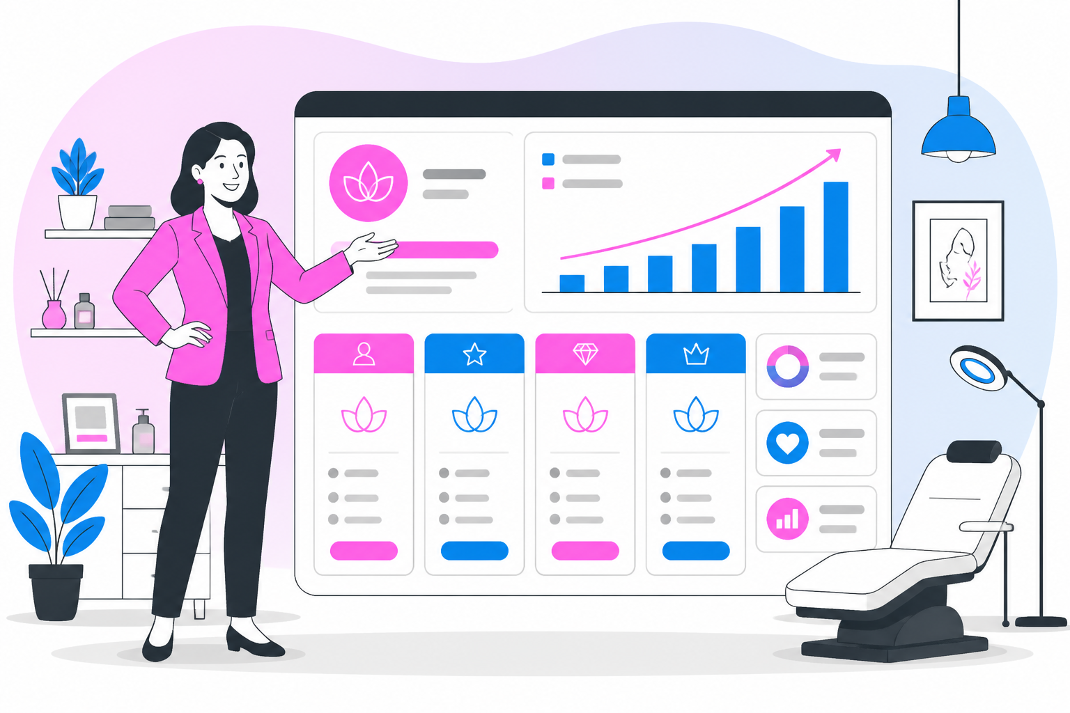 Illustration of medical spa loyalty program how memberships 2 4x revenue 038 boost mrr boomcloud — med spa owner reviewing a membership plan dashboard, header image for "Medical Spa Loyalty Program: How Memberships 2–4X Revenue & Boos…