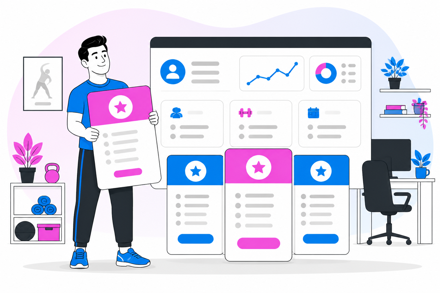 Illustration of membership software for personal trainers — training practice owner reviewing a membership plan dashboard, header image for "Membership Software for Personal Trainers and Small Studios"