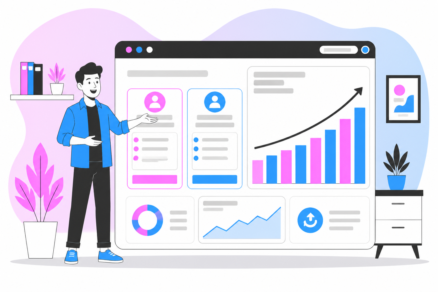 Illustration of monthly vs annual studio memberships — studio owner reviewing a membership plan dashboard, header image for "Monthly vs Annual Studio Memberships: Which Grows Revenue Faster"
