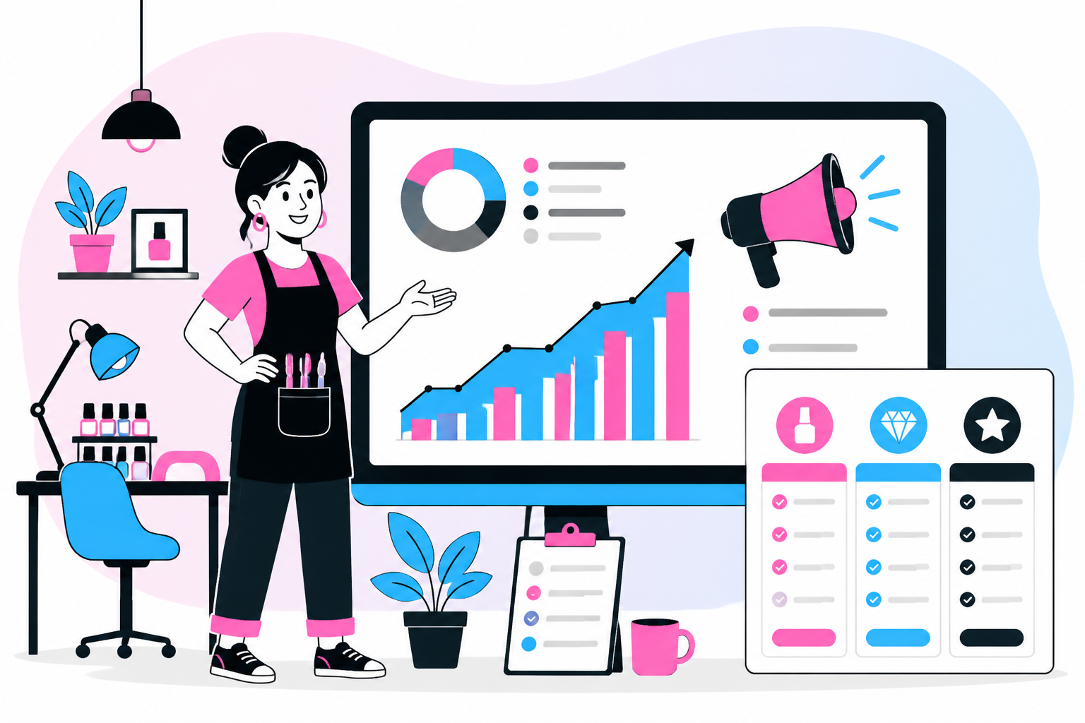Illustration of nail salon business plan — nail salon owner reviewing a membership plan dashboard, header image for "Nail Salon Business Plan: Costs, Revenue Model, and Projections"