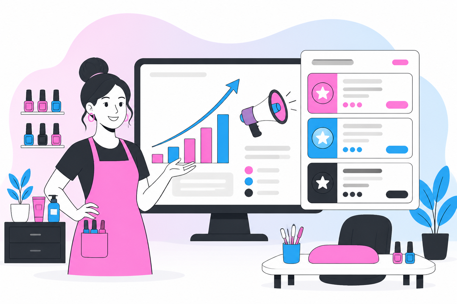 Illustration of nail salon marketing — nail salon owner reviewing a membership plan dashboard, header image for "Nail Salon Marketing: What Actually Brings Clients Back"