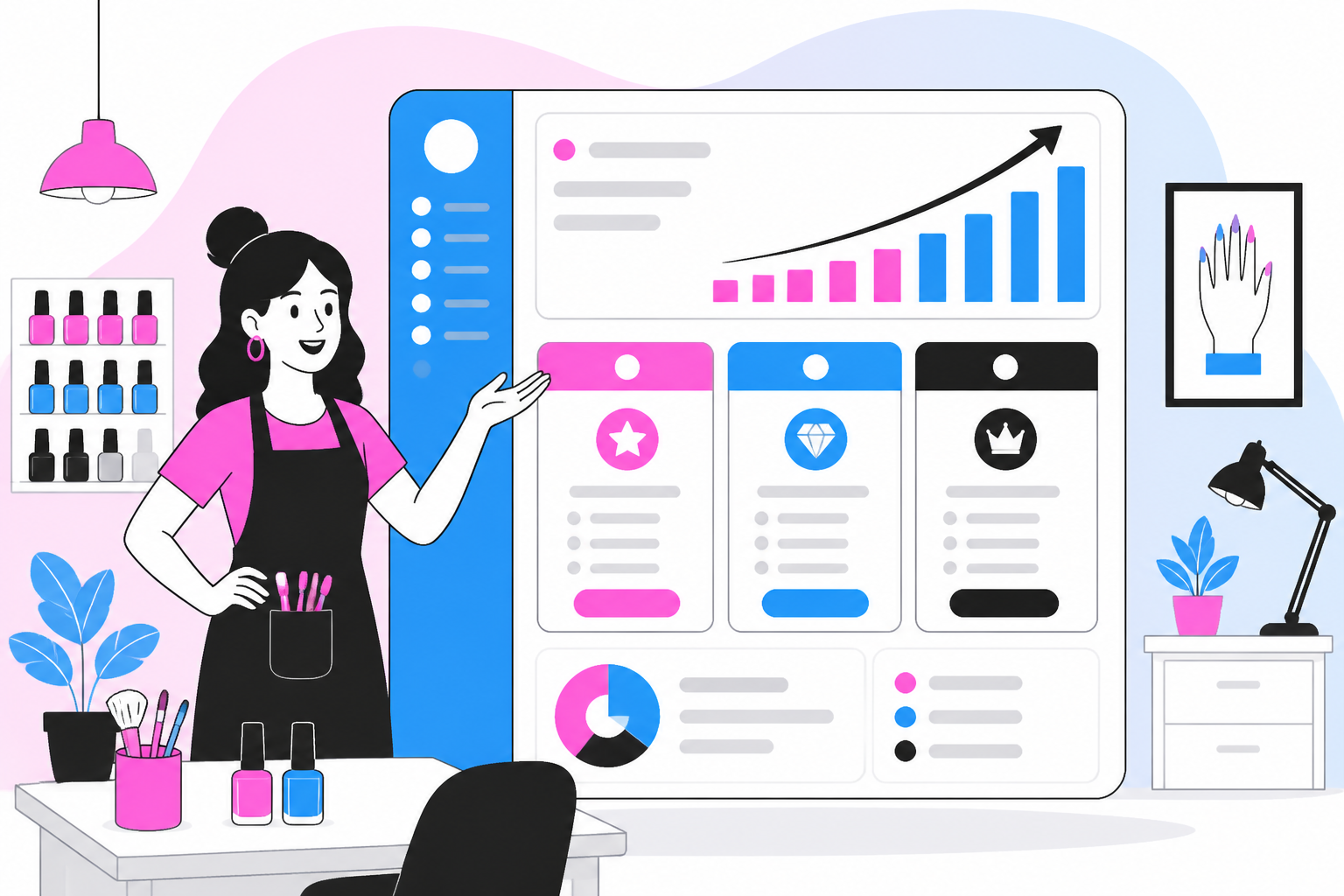 Illustration of nail salon membership — nail salon owner reviewing a membership plan dashboard, header image for "Nail Salon Memberships: Tiers, Pricing, and How to Launch One"