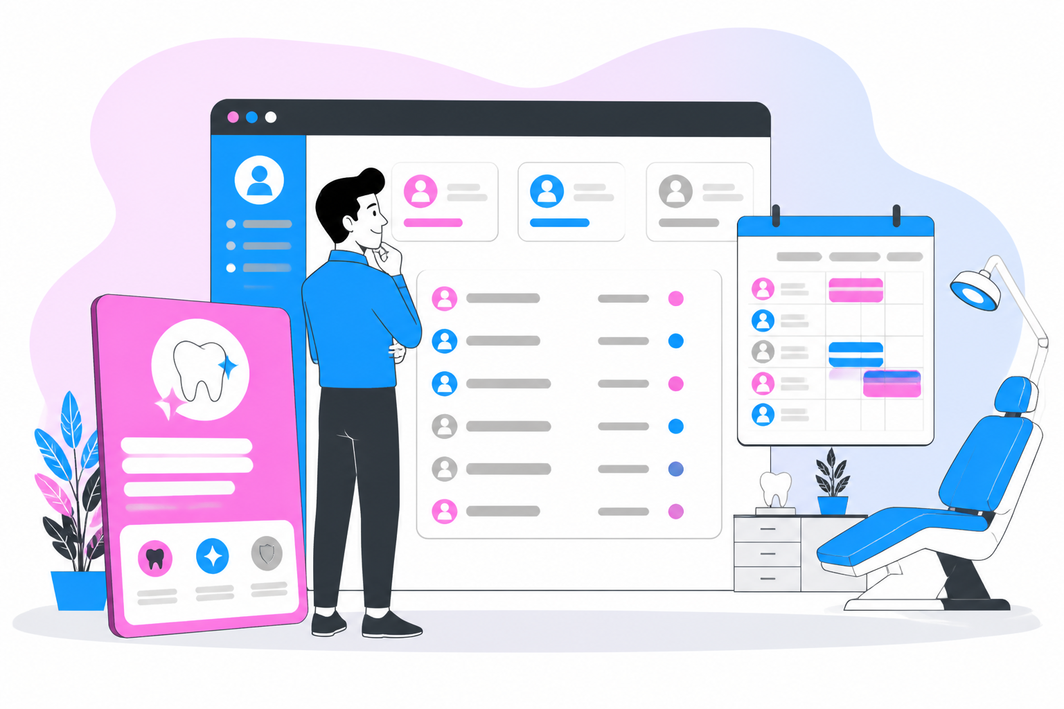 Illustration of new features — business owner reviewing a membership plan dashboard, header image for "New Features"