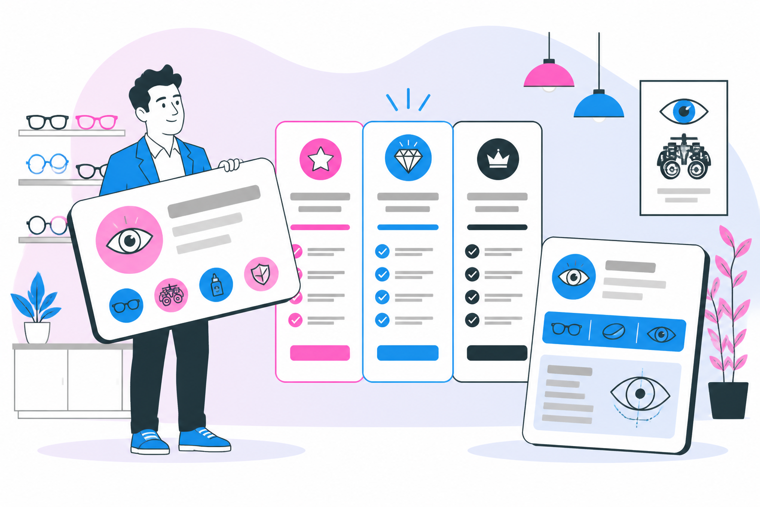Illustration of optometry membership plan benefits — practice owner reviewing a membership plan dashboard, header image for "What to Include in an Optometry Membership Plan"