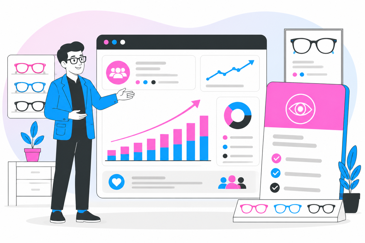 Illustration of optometry membership playbook — practice owner reviewing a membership plan dashboard, header image for "Optometry Membership Playbook: Launch, Price, and Grow Recurring Revenue"