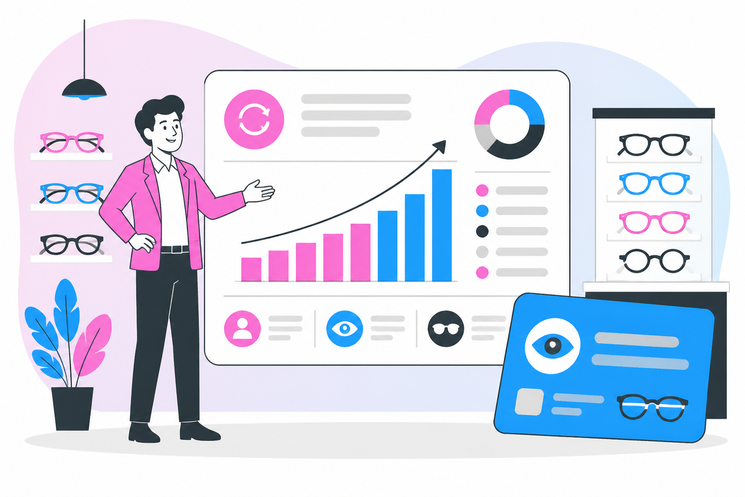 Illustration of optometry membership pricing — practice owner reviewing a membership plan dashboard, header image for "How to Price Optometry Memberships Patients Actually Renew"