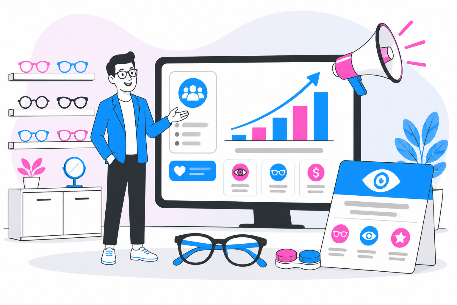 Illustration of optometry practice growth boost revenue with — practice owner reviewing a membership plan dashboard, header image for "“Optometry Practice Growth: Boost Revenue with Memberships”"
