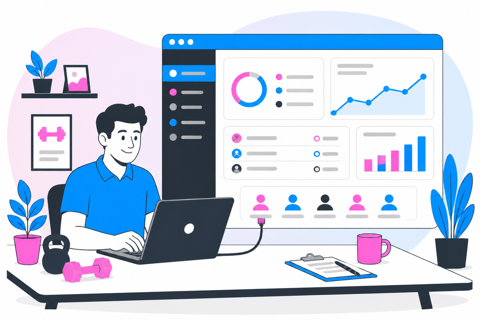 Illustration of personal training client retention — training practice owner reviewing a membership plan dashboard, header image for "Personal Training Client Retention: Keep Clients Past the First Pack"