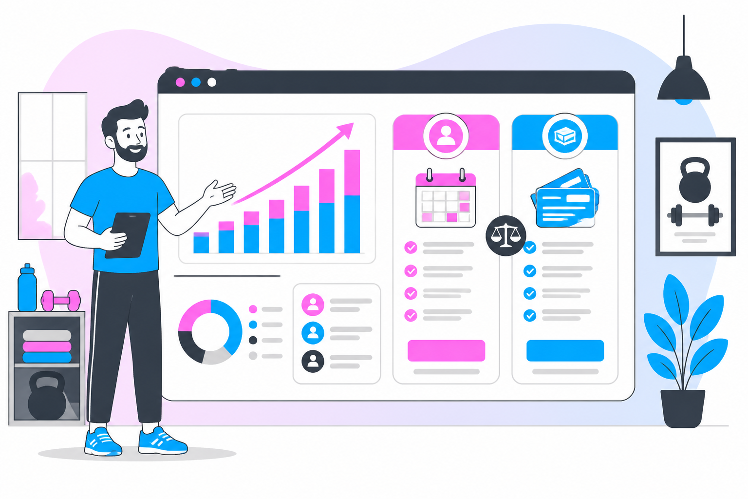 Illustration of personal training pricing models — training practice owner reviewing a membership plan dashboard, header image for "Personal Training Pricing Models: Monthly Memberships vs Session Packs"
