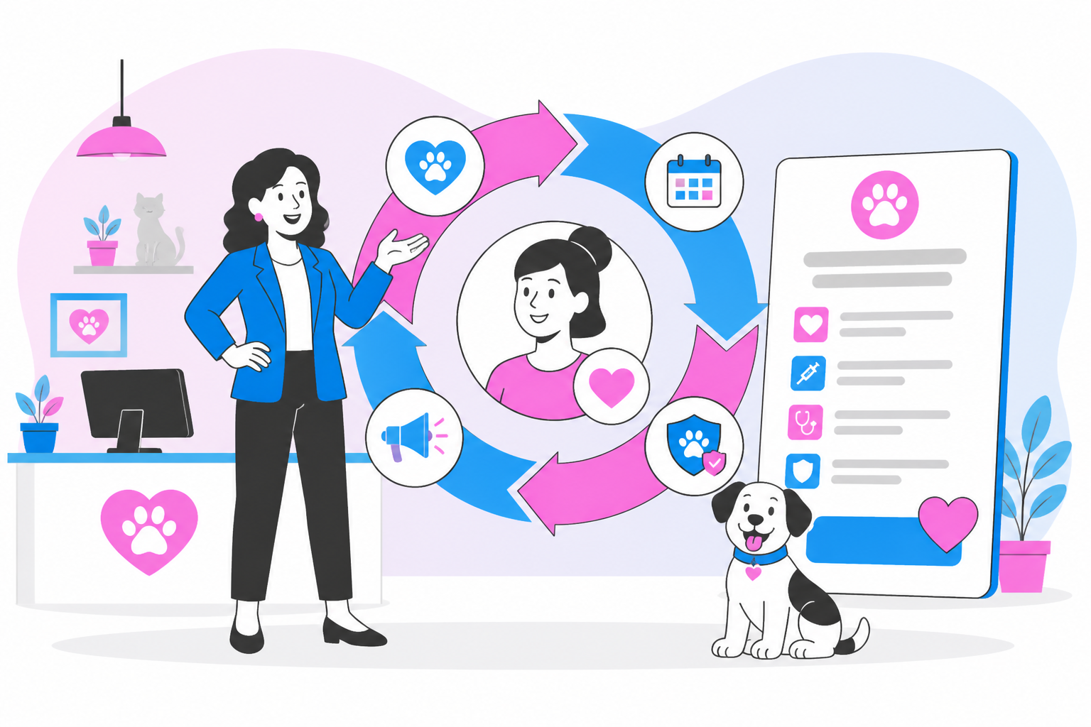 Illustration of pet owner retention — clinic owner reviewing a membership plan dashboard, header image for "Pet Owner Retention Strategies for Veterinary Practices"