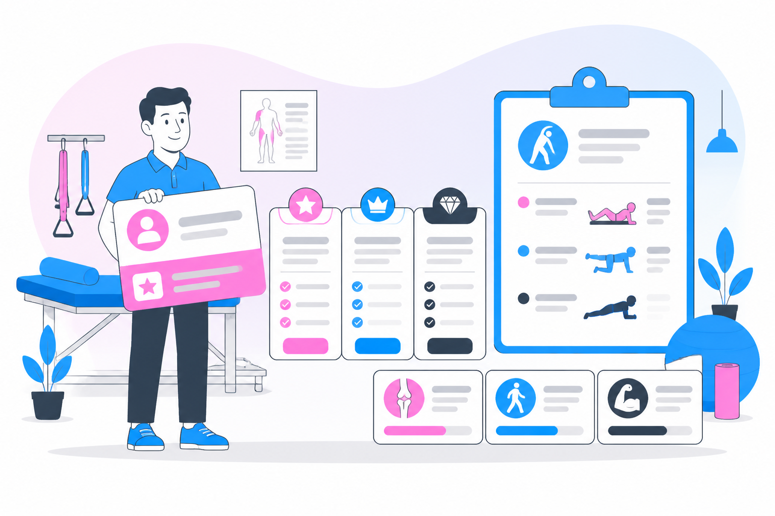 Illustration of physical therapy membership plan — clinic owner reviewing a membership plan dashboard, header image for "How to Start a Physical Therapy Membership Plan"