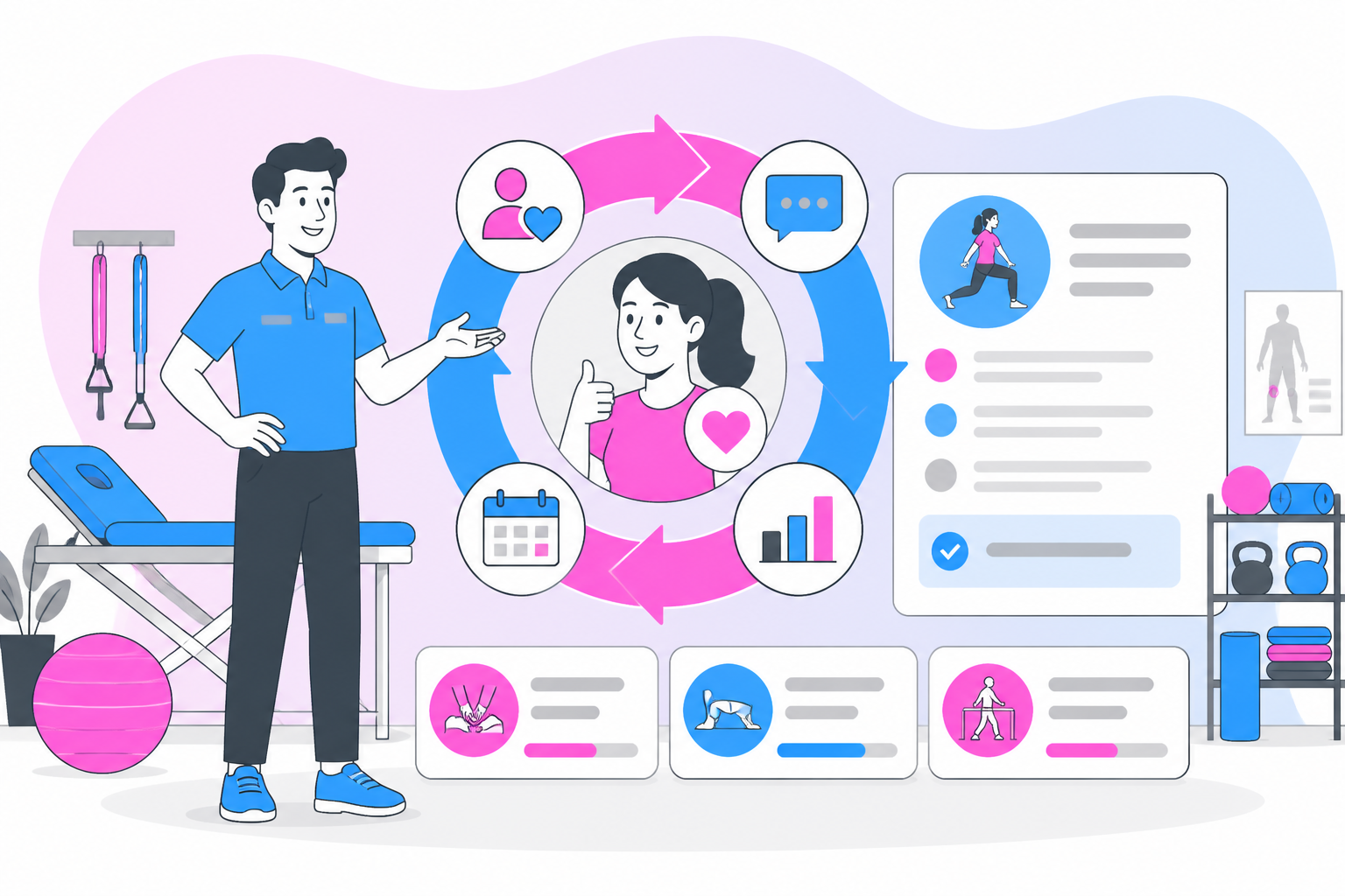Illustration of physical therapy patient retention — clinic owner reviewing a membership plan dashboard, header image for "Physical Therapy Patient Retention Strategies That Work"