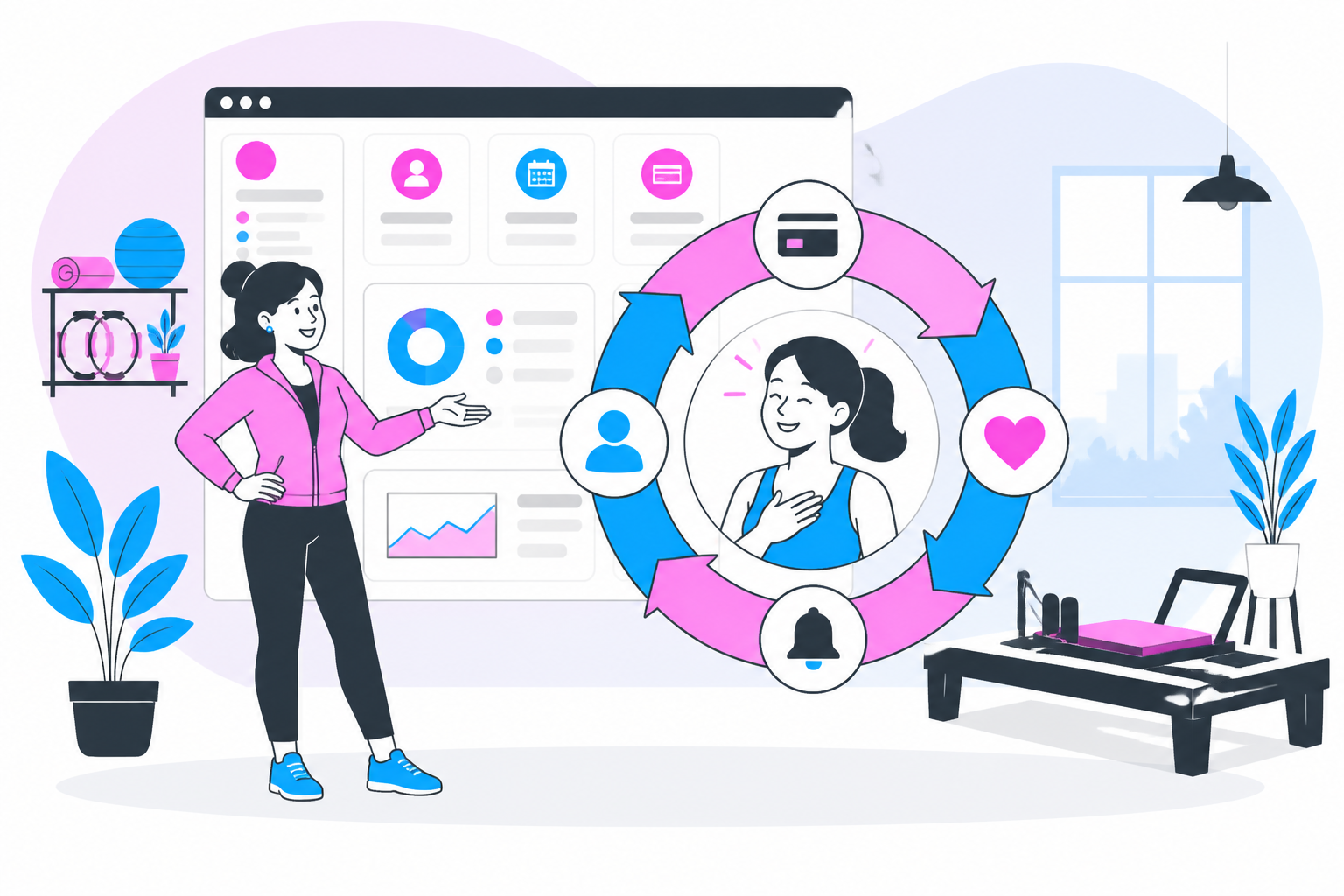 Illustration of pilates member retention — studio owner reviewing a membership plan dashboard, header image for "Pilates Member Retention Strategies That Start With Billing"
