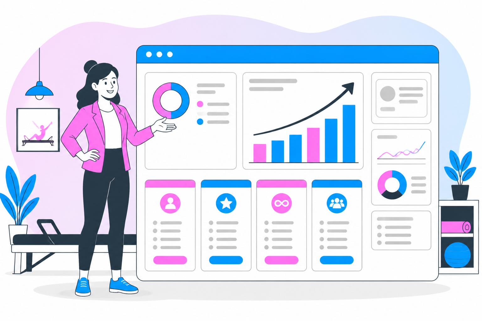 Illustration of pilates membership pricing — studio owner reviewing a membership plan dashboard, header image for "Pilates Membership Pricing Models That Actually Work"